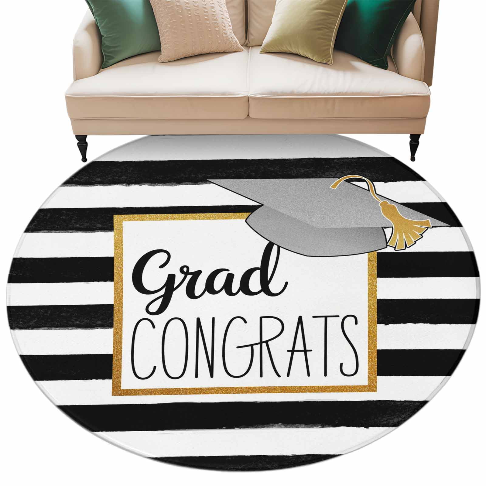 Graduation Top Hat Round Living Room Rugs 6 ft, White Black Striped Abstract Art Washable Area Rug with Non-Slip Sturdy Edge Binding Round Carpet for Kitchen Office Bedroom