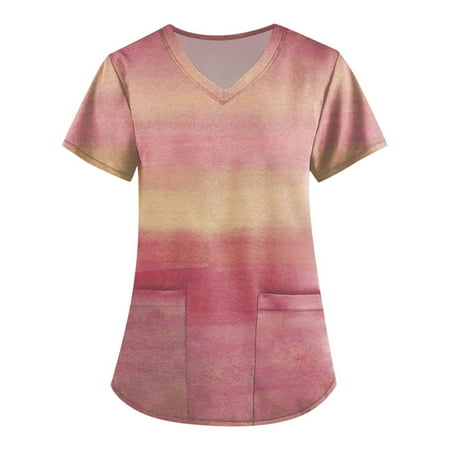 

Sksloeg Scrub Tops Of 2023 V-Neck Tops Gradient Color Block Fashion Scrub Clothes Women Scrubs Tops Pink XXXXXL