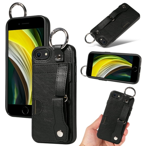 for iPhone 7 / 8 / SE 2022 & 2020 Wallet Case with Card Holder, Hand Wrist Strap Loop Holder Kickstand, Finger Grip Ring Buckle PU Leather Double Buttons Shockproof Cover, Black