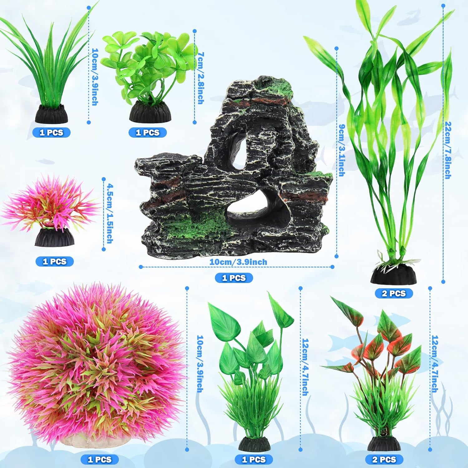 Fish Tank Accessories Aquarium Plants, Colorful Fish Bowl Ornaments Plants and Rock Cave Decor Set
