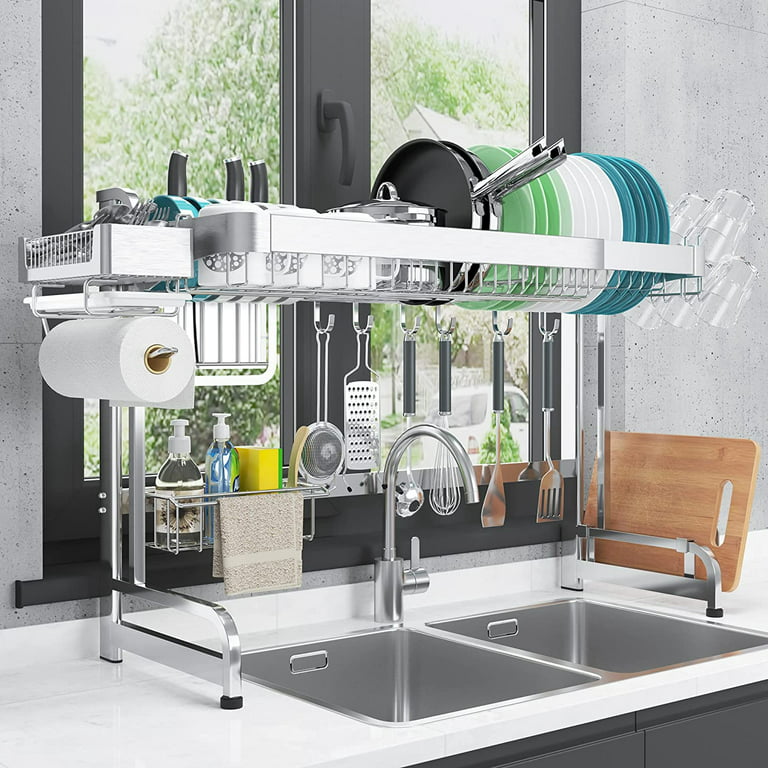 Yodudm Over The Sink Dish Drying Rack, 2 Tier Over Sink Dish Drying Rack  Width Adjustable(25.6-37.6in), Durable Stainless Steel Dish Rack Over Sink  Organizer, Space Saving Kitchen Sink Drying Rack 