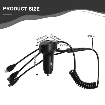 USB Car Charger with Voltage Display and 3 in 1 Cable for Multiple Devices