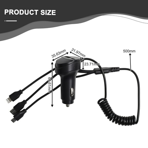 USB Car Charger with Voltage Display and 3 in 1 Cable for Multiple Devices