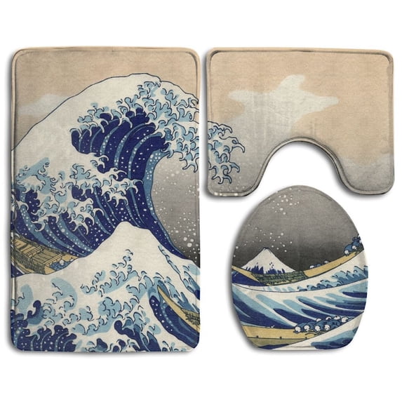 GOHAO FileThe Great Wave Off Kanagawa 3 Piece Bathroom Rugs Set Bath Rug Contour Mat and Toilet Lid Cover