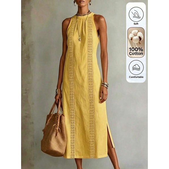 Womens Yellow Cotton Halter Maxi Dress With Embroidered Detail