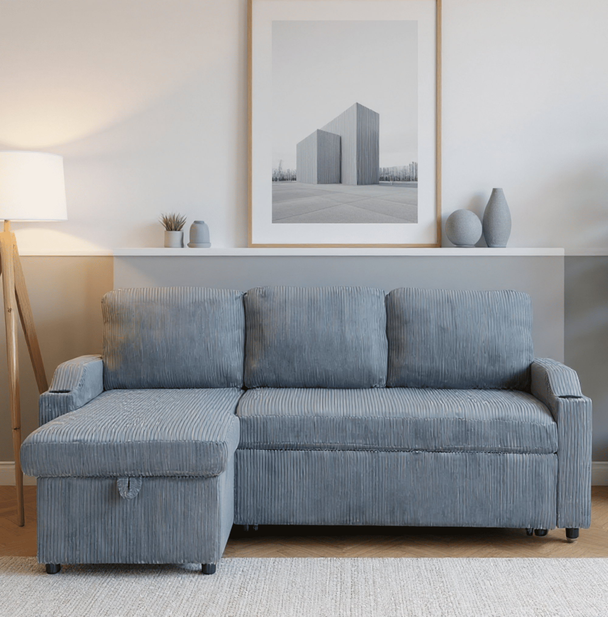 Gewnee Pull Out Sofa Bed,3 In 1 Sleeping and Seating Sofa with Storage Function,with Corduroy Fabric L-shaped Sofa,Suitable for Living Room,Bedroom and Apartment(Gray)