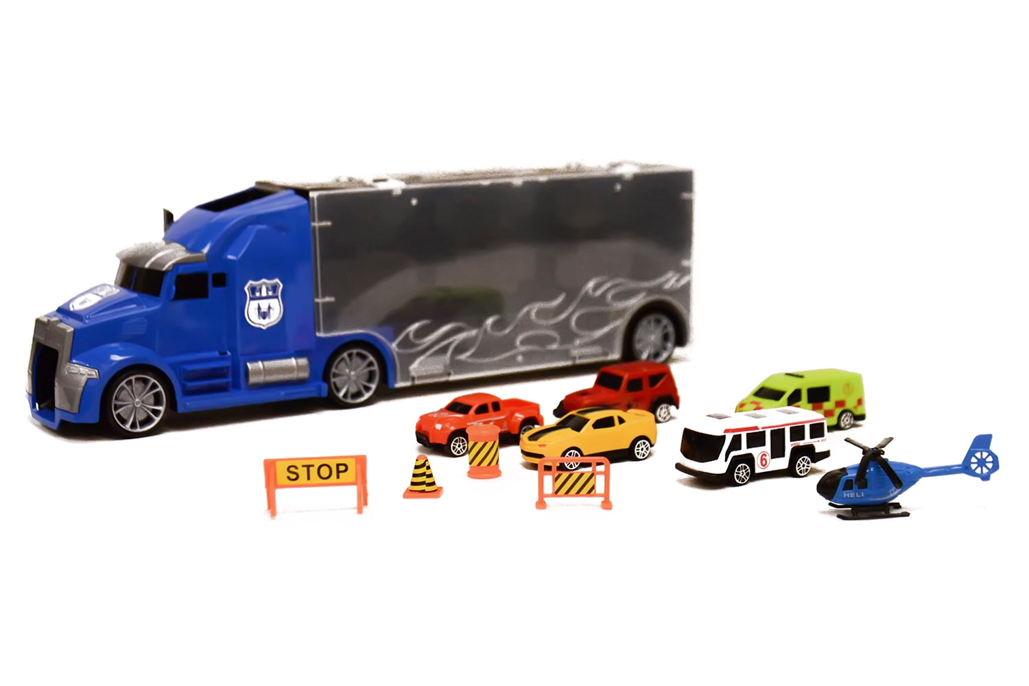 Blue Block Factory 11 in 1 Die Cast Carrier Truck with Mini Cars and Accessories