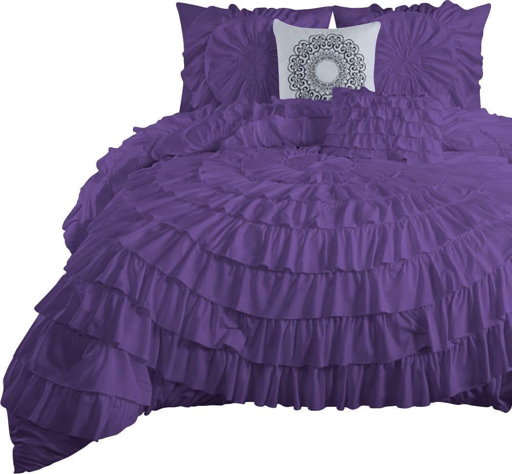 D.N.G. BEDDINGS 100% Egyptian Cotton 1 Piece Circle Ruffle Comforter with 1 Freebie Ruffle Pillow | 550 GSM Filled Microfiber - Oversized Super King Size, Purple Color - 800 Thread Count