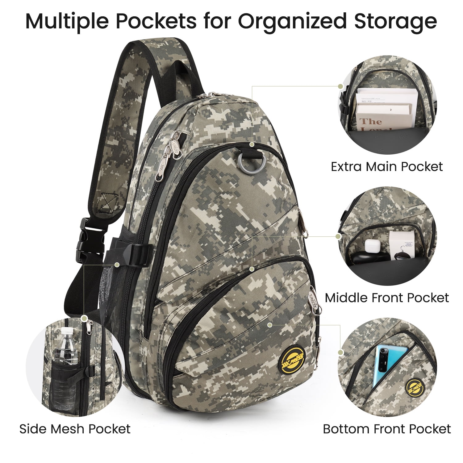 New York Xpress Camo Sling Bag Expandable 14–25L Daypack for Travel Hiking Cycling, Khaki,118