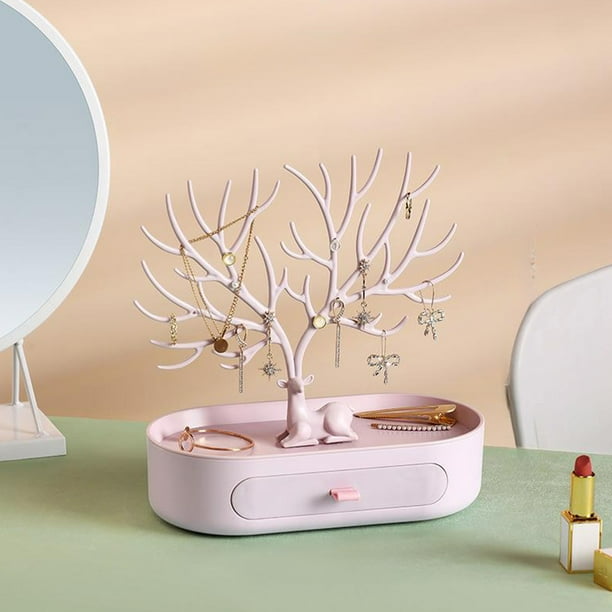Christmas Reindeer Jewelry Organizer Display Stand with Drawer,Multi-Functional Storage Rack for Earrings Necklaces Rings Bracelets,Decorative Vanity Dresser Top Holder,Plastic Jewelry Box Organizer