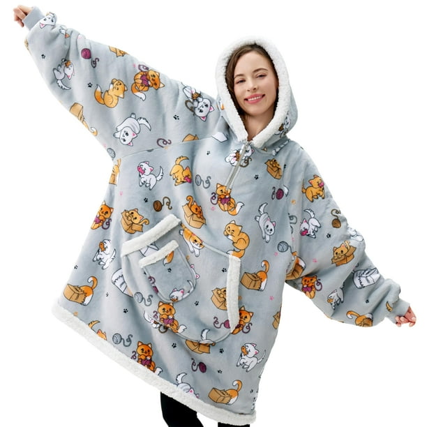 Manta portátil con capucha Giggling Getup Grey Cat Sherpa