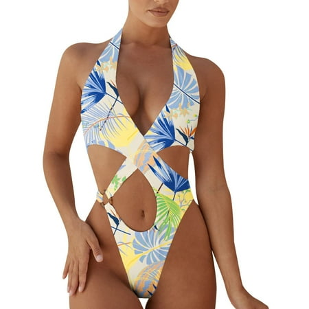 Women One Piece Swimsuit Sexy Tie Waist Cutout Front Cross Halter Beachwear Sets Women Crop Top High Waisted Cheeky Bikini
