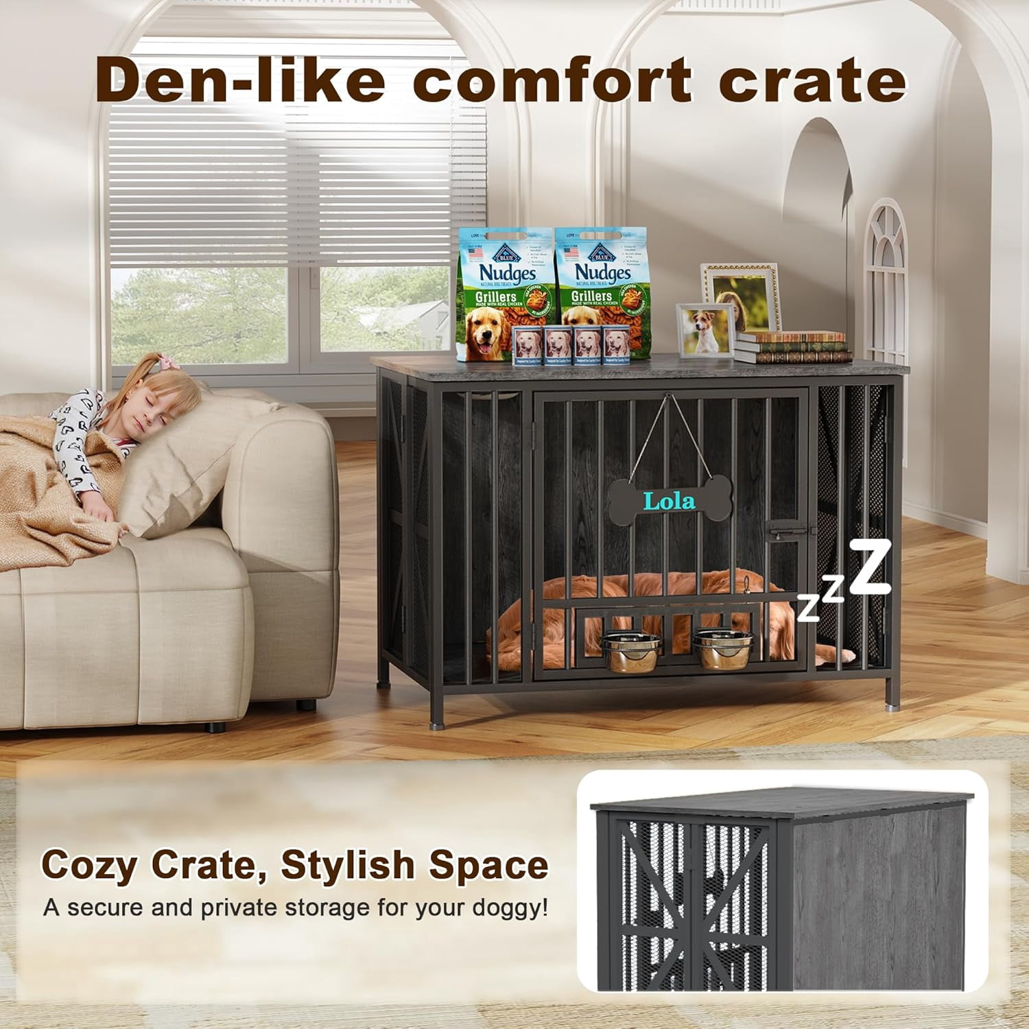 POAO Foldable Large Dog Crate Furniture, 41.3" Assembly-Free Dog Crates for Large Dogs, Decorative Wooden Dog Kennel Indoor with Tag & Dog Bowls