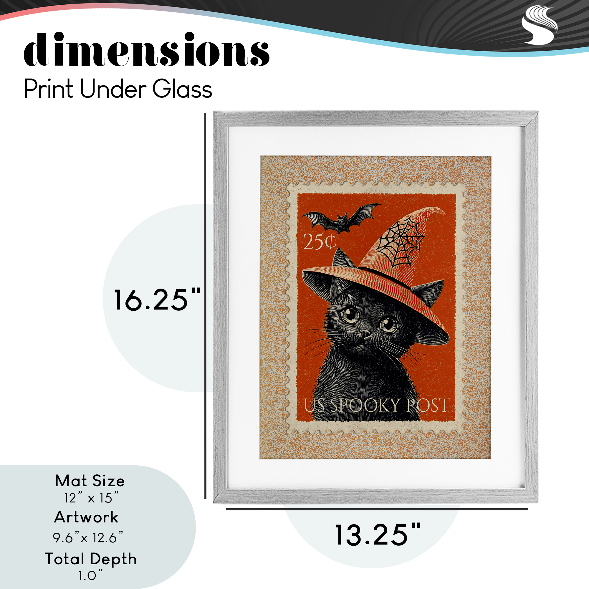 Vintage Black Cat Stamp Gray Framed Print Under Glass, design by Arlington Prints