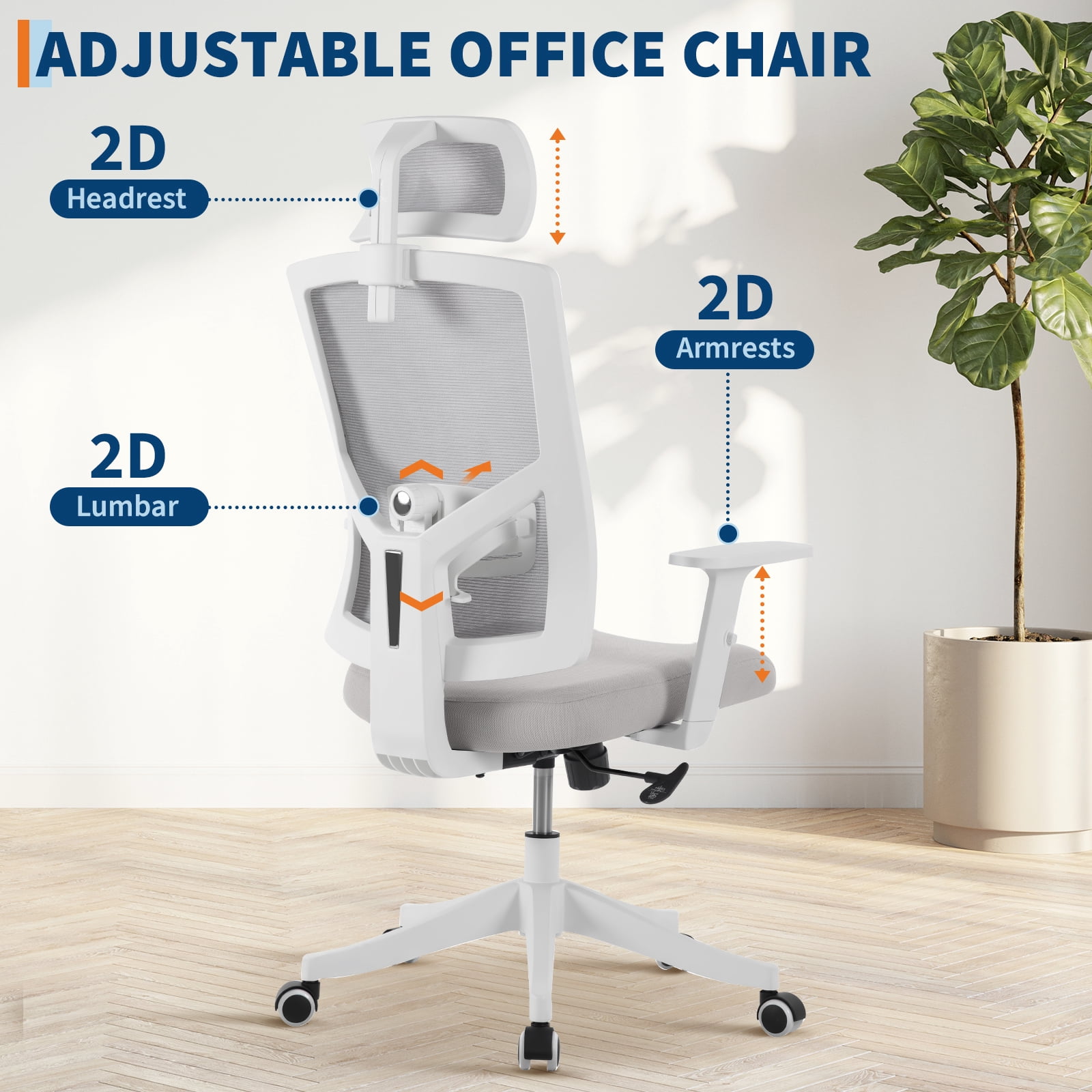 Ergonomic Office Chair with Adjustable Lumbar & Headrest, Adjustable Mesh Desk Chair with Lumbar Support, High Back Swivel Computer Chair with Armrests, Comfortable Desk Chair for Gaming, Studying
