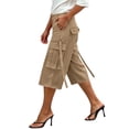 thumbnail image 3 of VBVC Women's High Waisted Cargo Capri Pants , Summer Wide Leg Cropped Pants For Women,Ladies' Side Slit Strap Cargo Trousers with Pockets,Khaki,S-2XL, 3 of 7