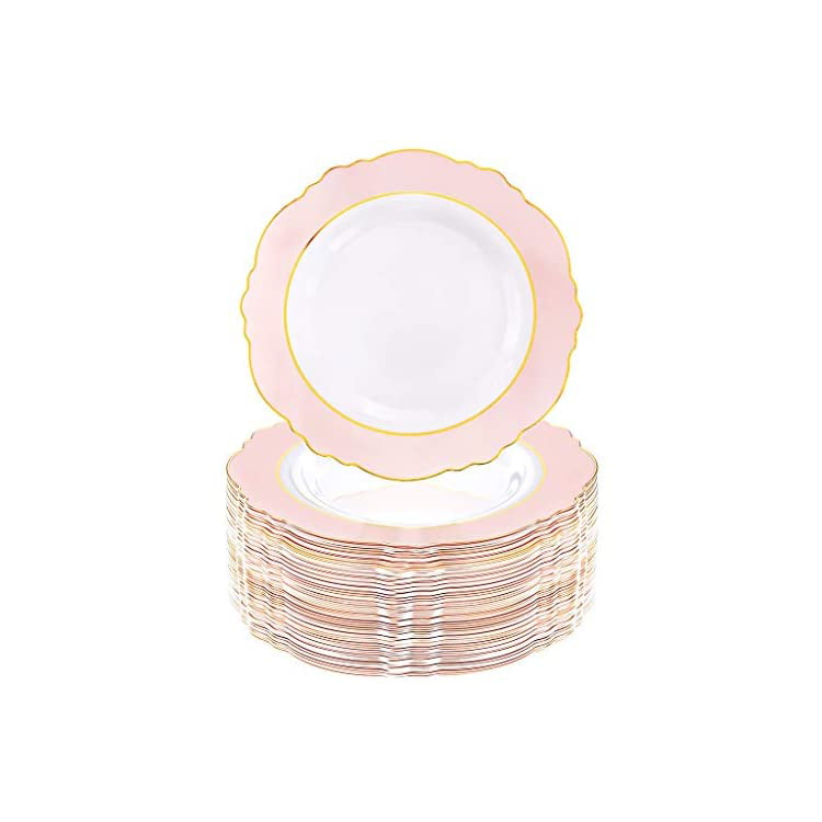 60pcs Pink Plastic Plates Baroque Pink &Gold Disposable