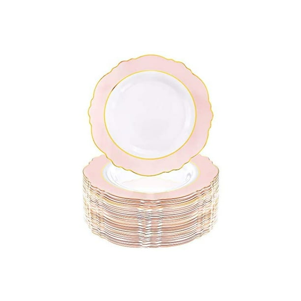 60pcs Pink Plastic Plates Baroque Pink &Gold Disposable Dinner Plates