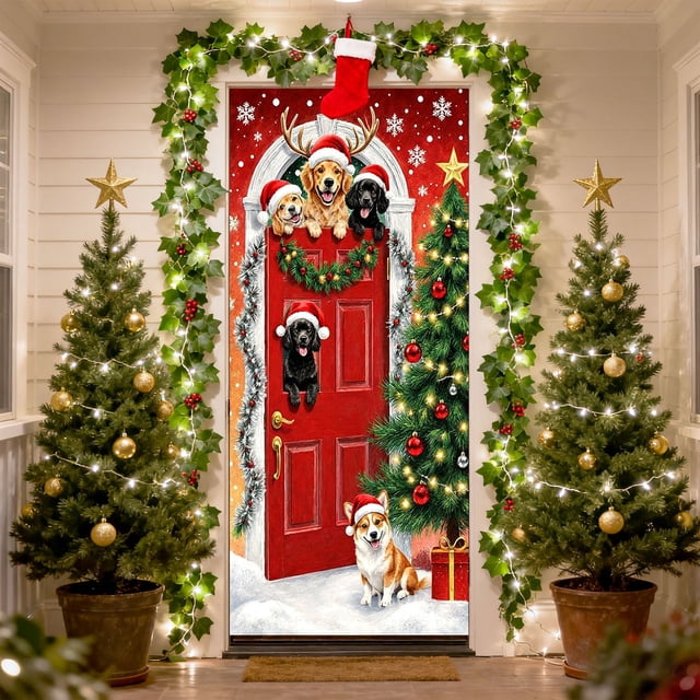 Linnome 35x71 Inch Santa Claus Door Decoration, Christmas Pattern Door Cover for Indoor Outdoor Use, Holiday Decor