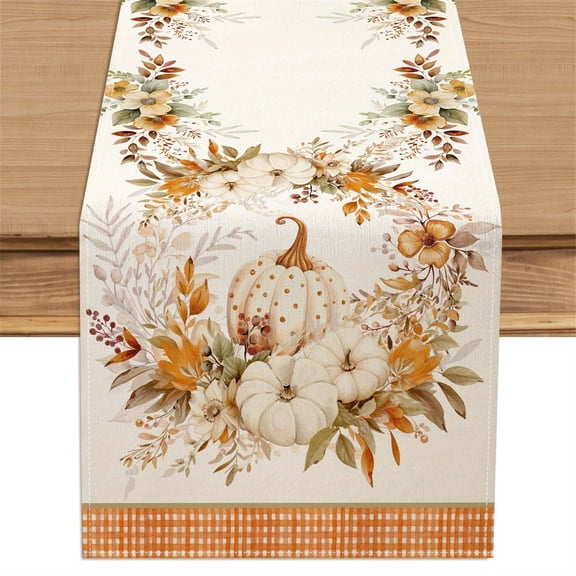 PoyoKee Thanksgiving Linen Table Runner, 72" x 13" Fall Pumpkin Maple Leaf Table Cloth, Fall Decor for Kitchen Party Dining Mantel Party Decorations