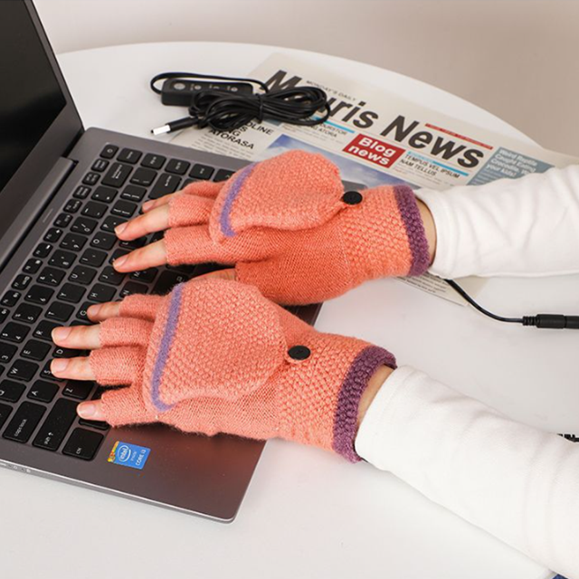 Guantes calentados por USB, medio dedo (una cara), guantes cálidos con calefacción completa, manoplas para mujeres y hombres, guantes de punto, guantes de invierno lavables con temperatura ajustable para ordenador portátil Rojo Verde