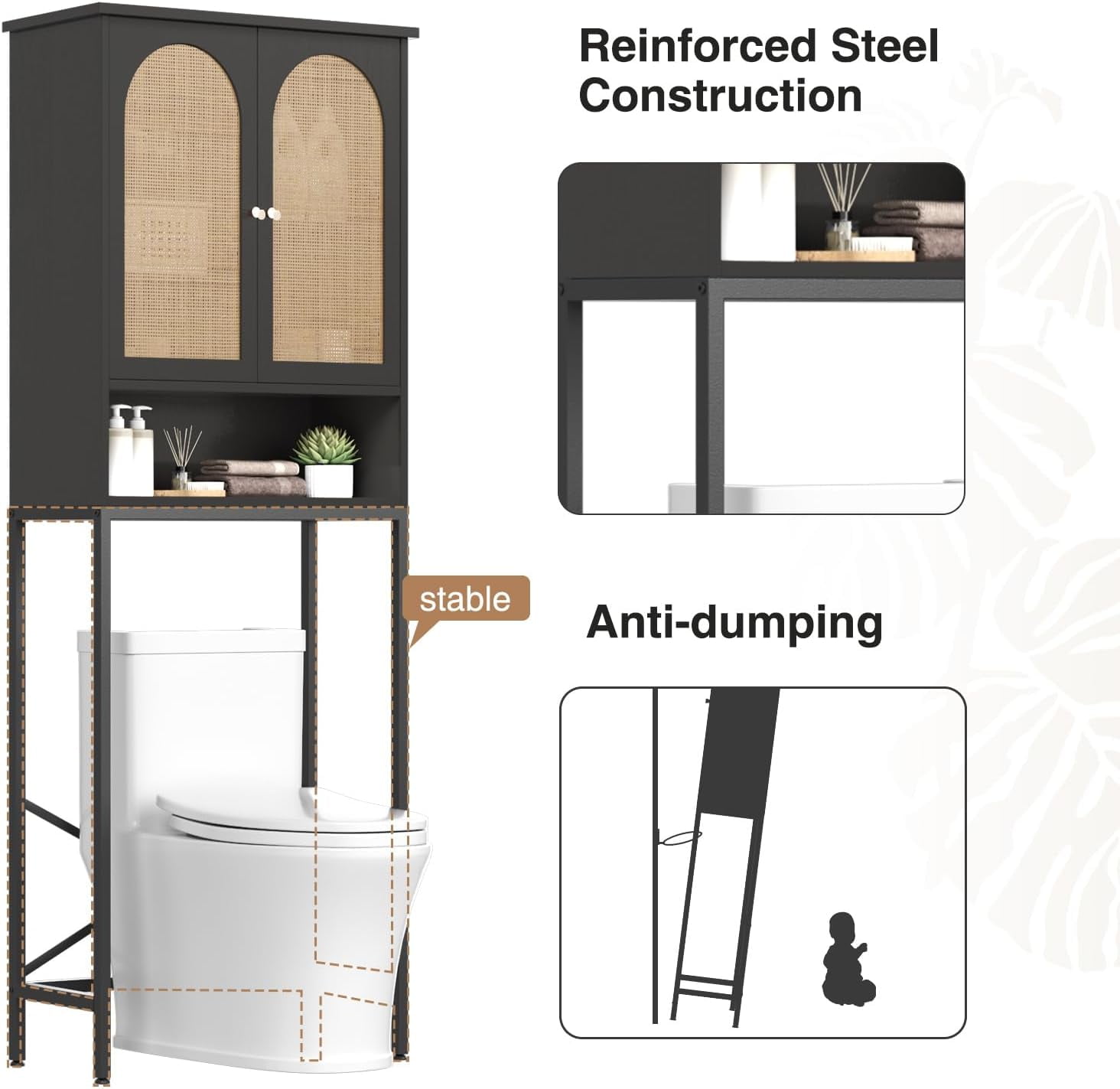 Veanerwood Rattan Toilet Storage Cabinet, Over The Rack Wood Cabinet with Metal Stand, Bathroom Organizer with Adjustable Shelf, Tall Freestanding Washer Shelf, Small Cupboard, Black