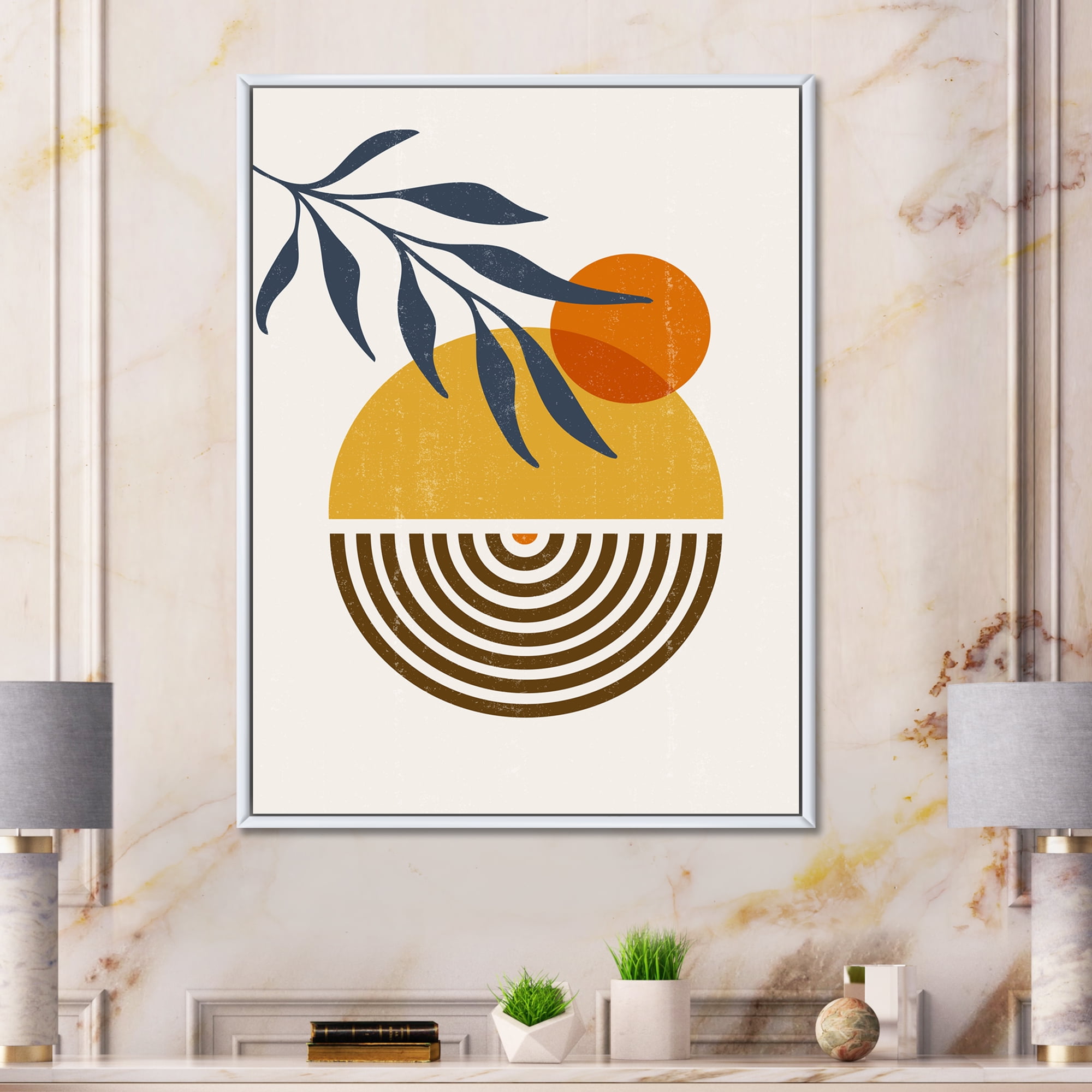 Designart 'Abstract Shapes With Botanical Minimalist Leaf IV' Modern Framed Canvas Wall Art Print