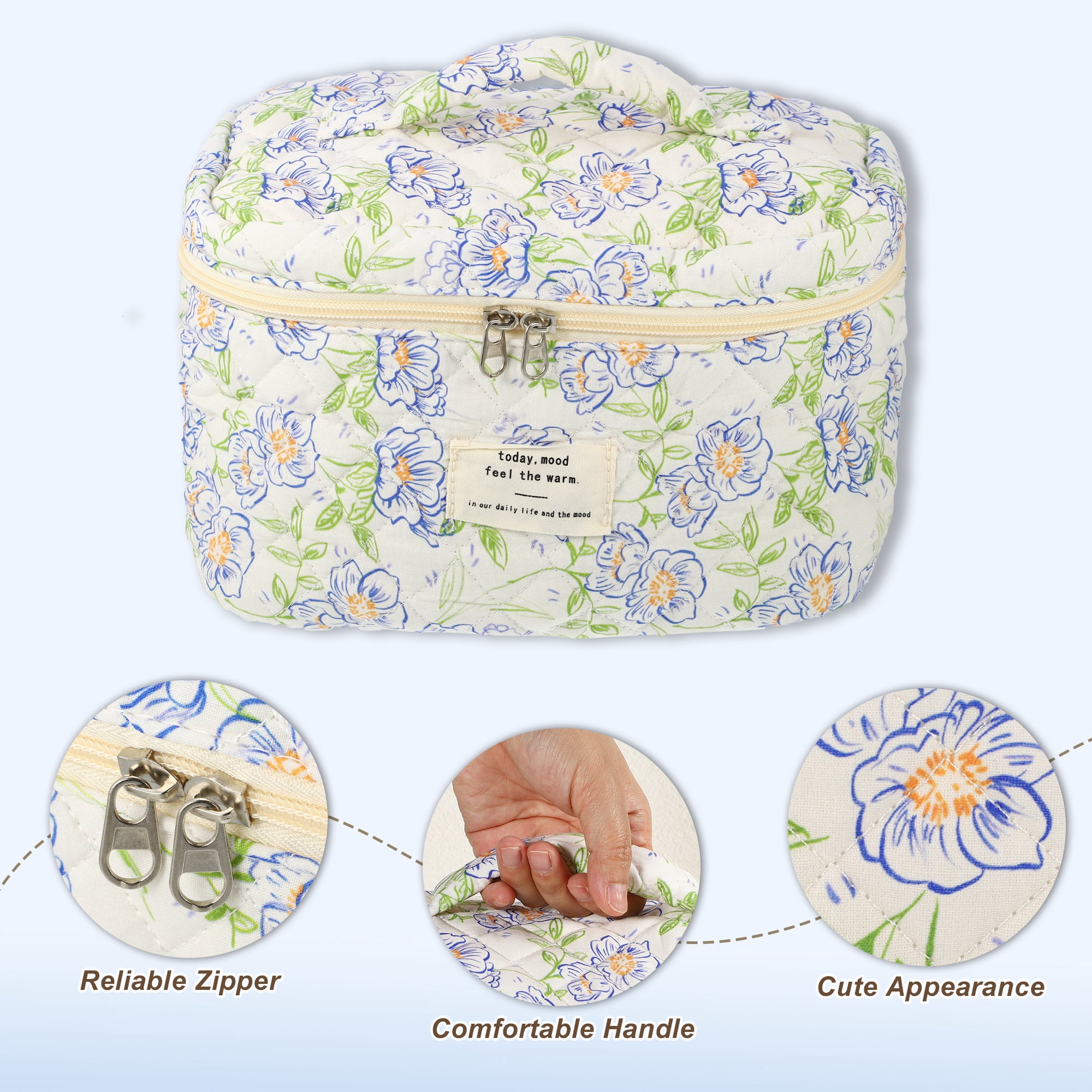 Unique Bargains 2Pcs Large Capacity Travel Cotton Quilted Toiletry Bag Beige, Blue