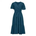 thumbnail image 5 of QLEICOM Women's Summer Wrap V Neck Solid Color Dress Women Short Sleeve Ruffle Beach Loose Dress Plus Size Flowy High Low Maxi Dress Bohemian Beach Dress with Belt Dark Blue XL, 5 of 7
