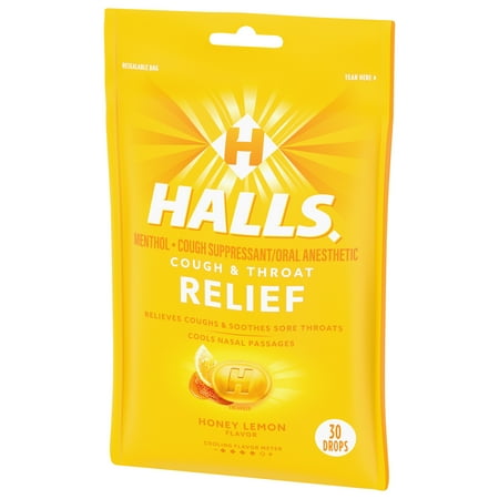 HALLS Relief Honey Lemon Cough Drops, 30 Drops