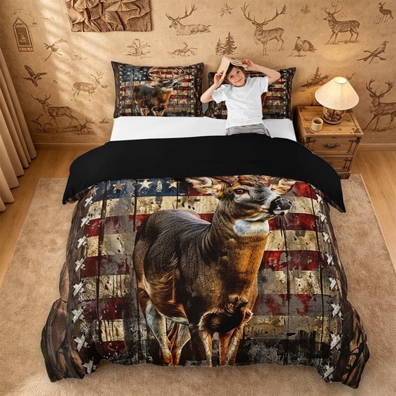 meiyoeat Vintage Flag Deer Duvet Cover Queen, Rustic Hunting Print Queen Bedding For Boys,Black Reversible,3 Pieces(No Comforter)