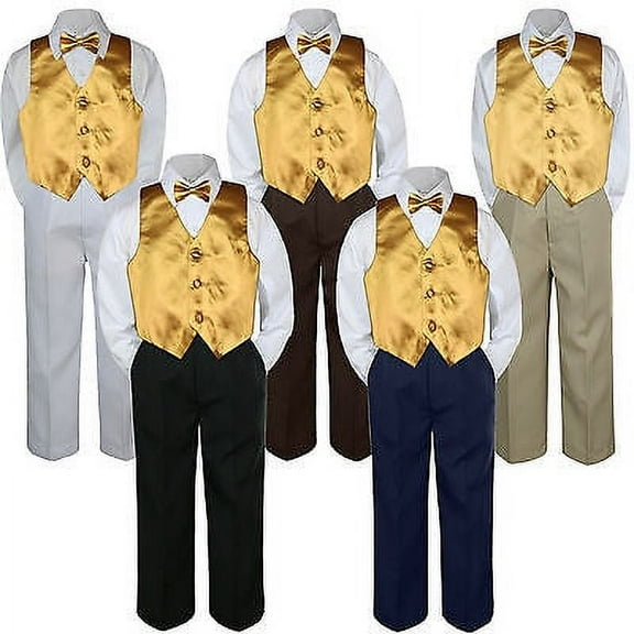 4pc Boy Suit Set Gold Bow Tie Vest Baby Toddler Kid Formal Pants S-7