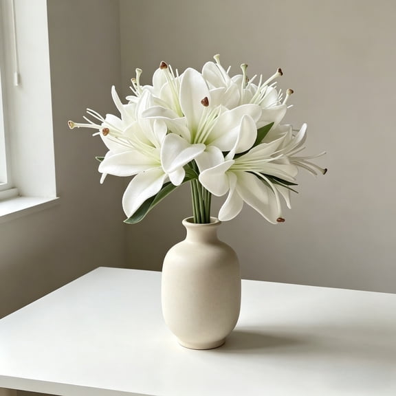 White Artificial Lily Bouquets 11.8" Realistic Flower Arrangements Long Lasting No Maintenance Floral Decor for Wedding Living Room Bedroom Indoor Ornament