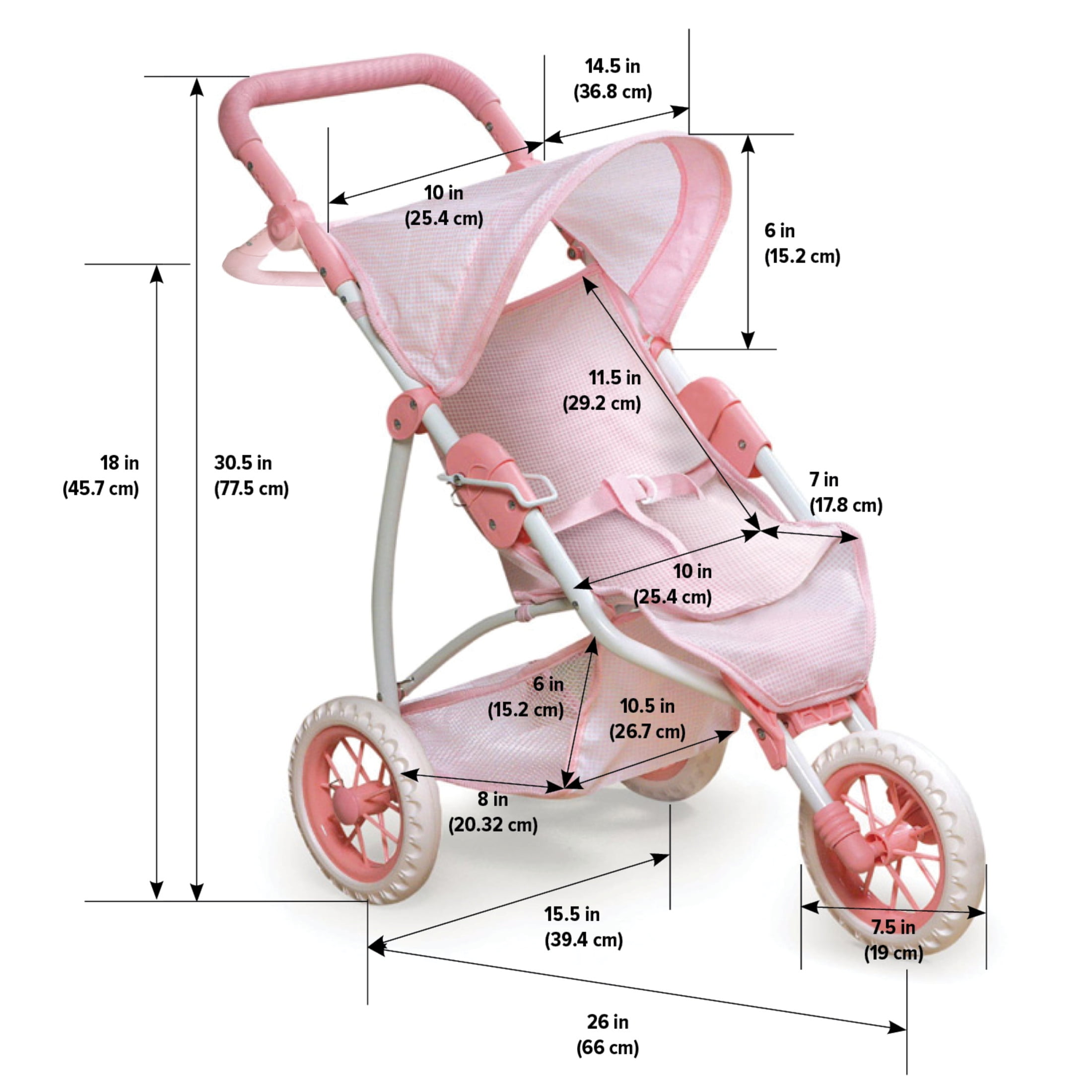 Folding Three Wheel Doll Jogging Stroller - Pink/Gingham