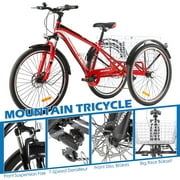 FICISOG Mountain Tricycle for Adults, 3 Wheeled 7-Speed Mountain Tricycle 24 inch 26 inch 27.5 inch Men's Women's Tricycles Cruiser Bike Featuring Disc Brakes, Cargo Basket