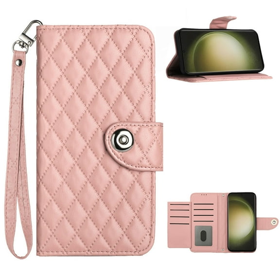 Elegant PU Leather Wallet Case for iPhone 17 with Wrist Strap, Women Girls Shockproof Kickstand Magnetic Closure Card Slots Rugged Phone Case Cover for iPhone 17, Coralpink