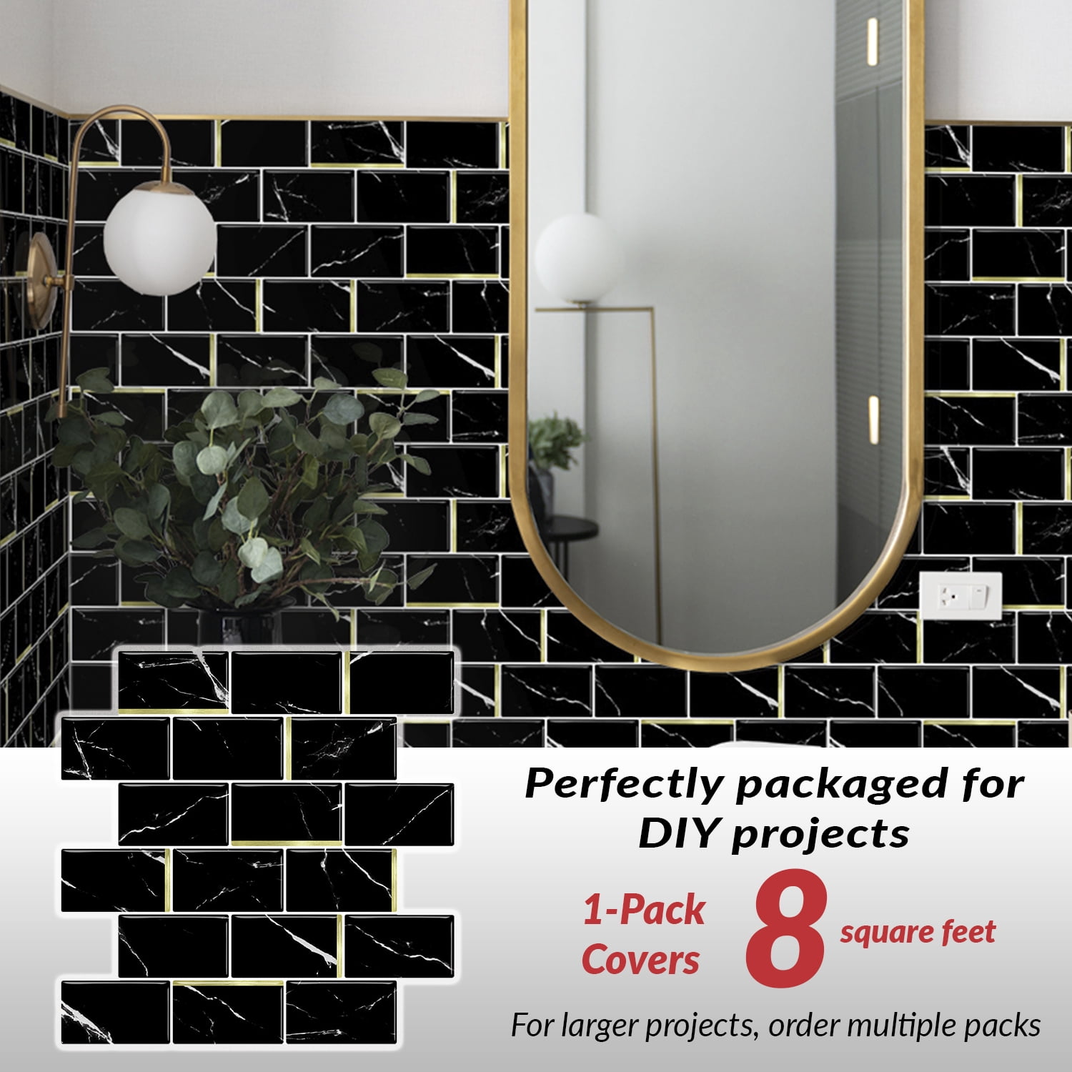 Dcor WOW 41006  Peel & Stick Backsplash, (8) 12x12-inch Sheet Covers 8 Sq Ft, Black Marble Subway Back Splash Tile Gold Accent