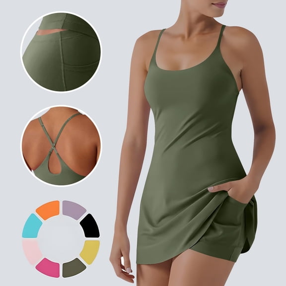 Textilo Womens Tennis Dress Built In Shorts with Pockets Sleeveless Dresses Square Neck Side Slit Adjustable Straps Dress and Shorts Athletic Workout Golf Tennis Active Outfit,Camouflage Green L