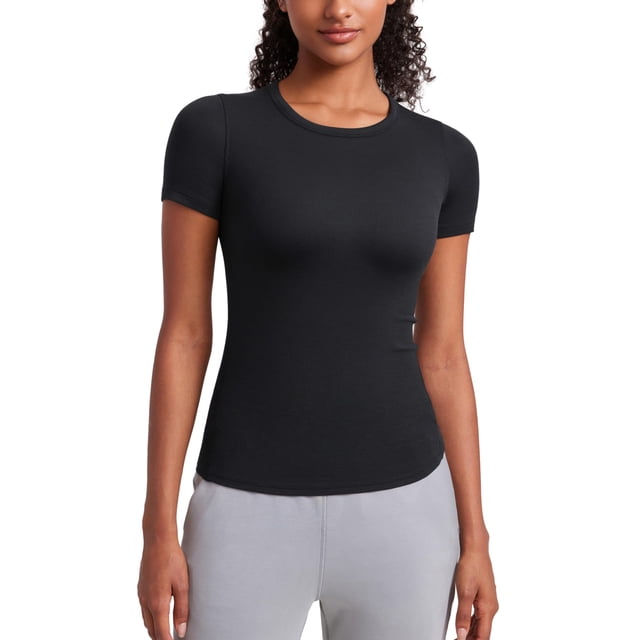 Camisa CRZ YOGA de modal acanalado de manga corta negra para mujer