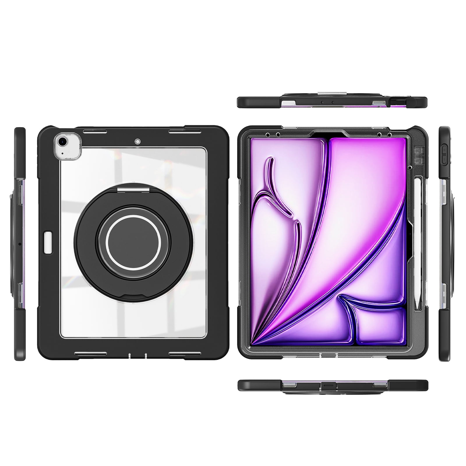 XYX Shockproof Tablet Case for iPad Air 13 inch M3 2025/iPad Air 13 inch M2 2024 with 360 Rotating Stand, Slim Lightweight with Pencil Holder, Black