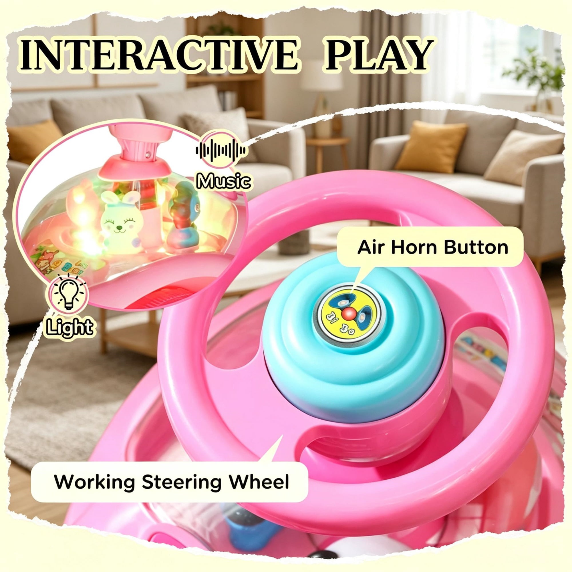 Kids Pink Foot-to-Floor Push Car, Horn, Light & Music, Anti-Tip Backwards Device, Underseat Storage for Toddlers