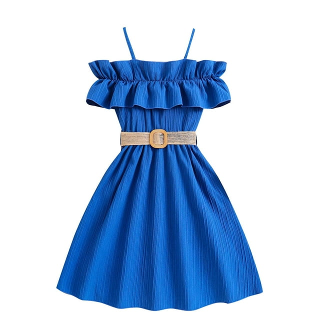 Odeerbi Vestidos de Gasa de Verano de Las Niñas Ruffle Fuera Del Hombro Vestido Sin Mangas de Color Sólido