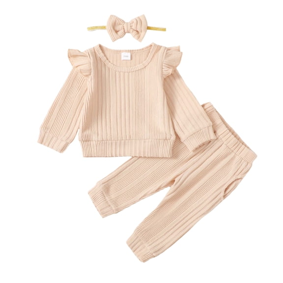 3 Months Baby Girls Clothes 6 Months Girls 3PCS Sweater Outfits Set Solid Color Infant Girls Long Sleeve Top Pants Set with Headband Apricot