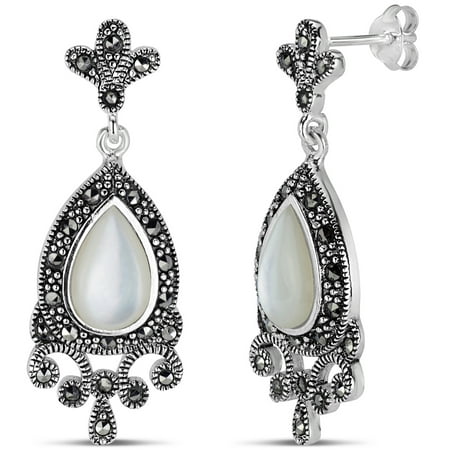 Genuine Mother Of Pearl with Swarovski Marcasite Sterling Silver Oxidized Drop Earrings