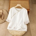 thumbnail image 2 of Embroidered Linen Tops for Women Dressy Casual Ruffle Mid-Sleeve Shirts Crew Neck Pullover Tees,White,L, 2 of 5