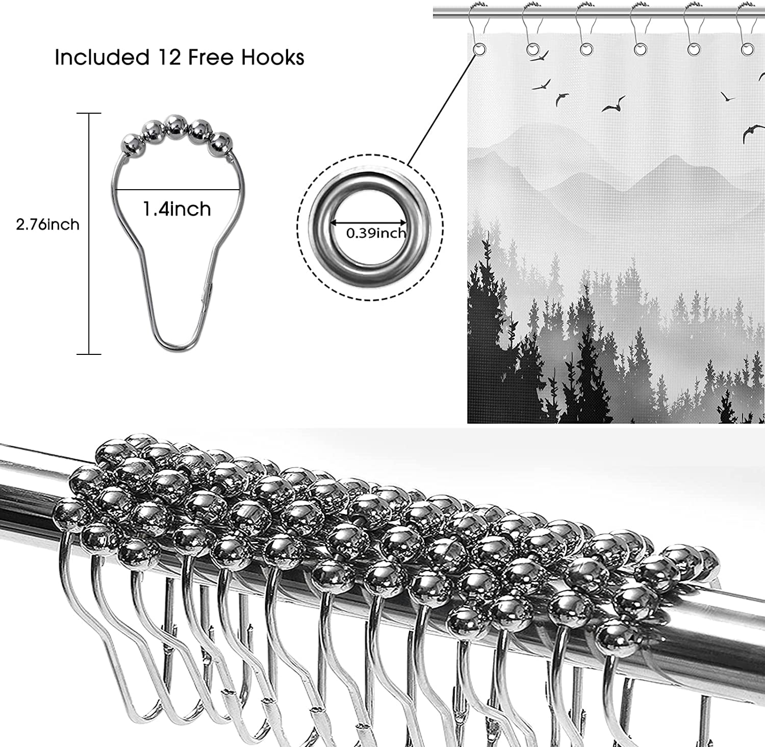 Shower Curtain Green Shower Curtain Mountain Forest Nature Tree Shower Curtain Set Summer Shower Curtains for Bathroom Water Repellent Bathtubs Hotel, 72 x 72 inch, Black Forest