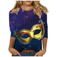 thumbnail image 3 of QATAINLAV Holiday Deals 3/4 Length Sleeve Womens Mardi Gras Tops Sequin Print New Orleans Carnival Themed Tee Shirt Fat Tuesday Parade Blouse Multicolor L, 3 of 6
