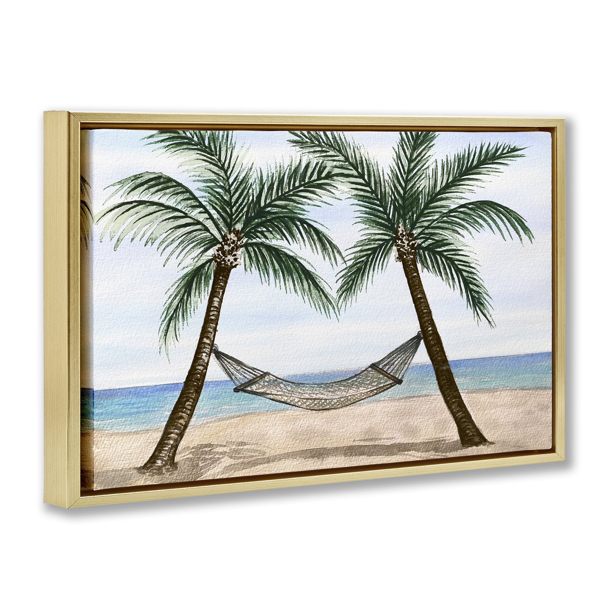 Stupell Industries Hammock Between Palms Landscape Painting Gold Floater Framed Canvas Art Print Wall Art, 25 x 17