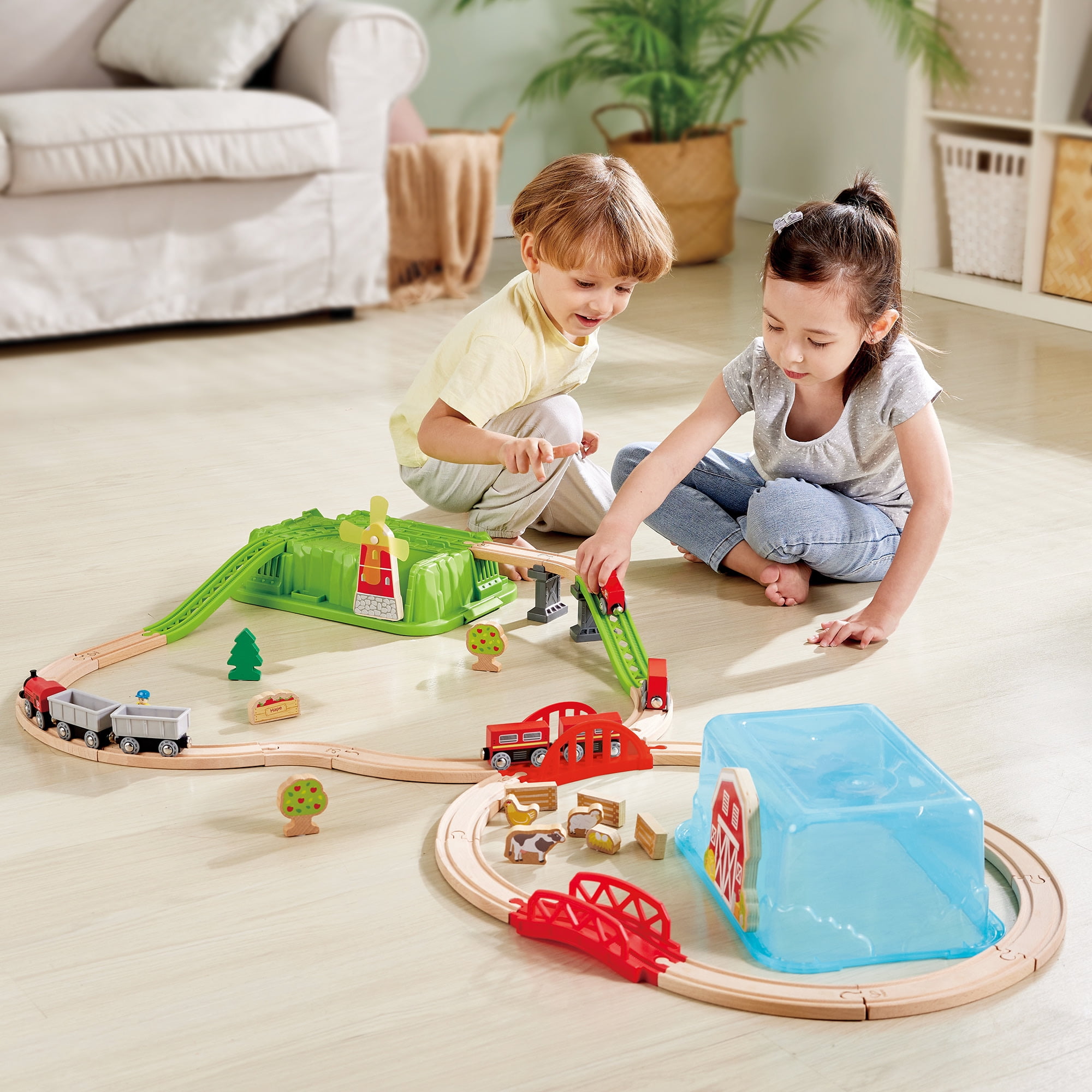 Hape: Farmyard Train Bucket Set - Wooden Train Animal Set, Building Toy, Storage Box, Build A Farm Landscape Around Your Train, Toddlers & Kids Age 3+