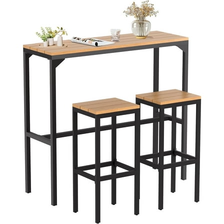 AECOJOY 3 Pieces Outdoor Bar Set of 2, Outdoor Weather Proof High Top Table and Chairs 47" Rectangular Pub Height High Top Bar Table for Balcony, Backyard, Porch